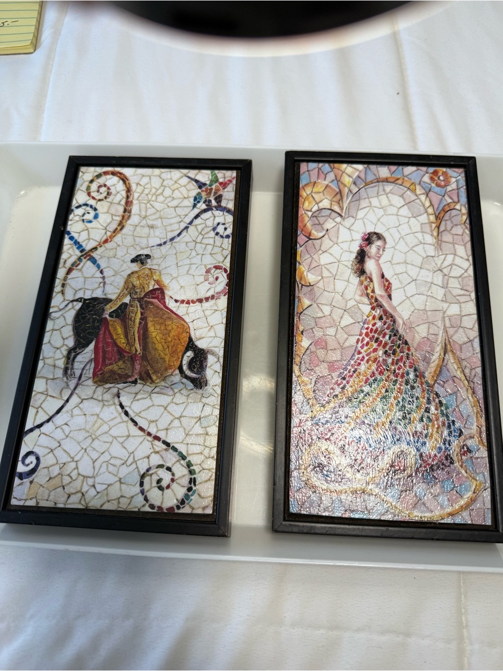 Pair of Spanish Mosaic-Style Framed Art Panels - dancer & Matador  4.5 x 8.5”